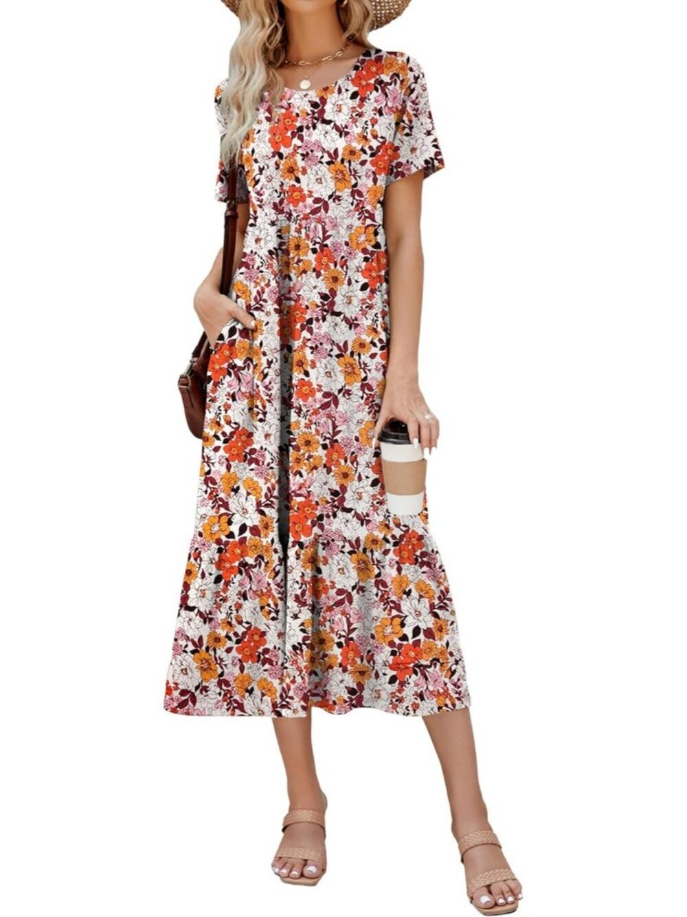 Women's ColorFull Flower Sundress Sleeve Tiered Beach with Pockets Maxi Dress